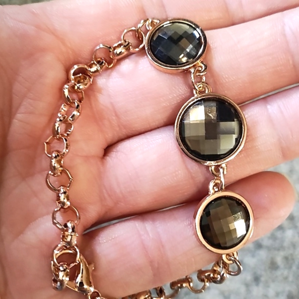 VINTAGE ROSE-GOLD PLATED SMOKY QUARTZ 8" BRACELET - Picture 8 of 9